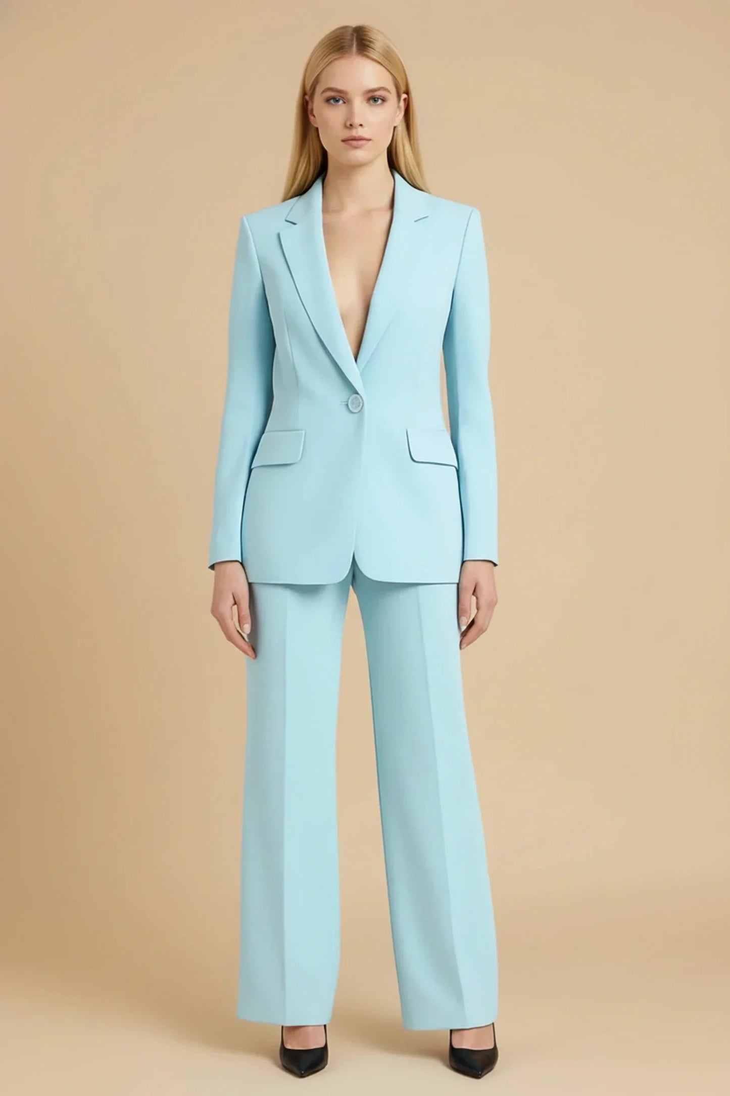 Women's Tailored Business Suit Set with Wide-Leg Pants