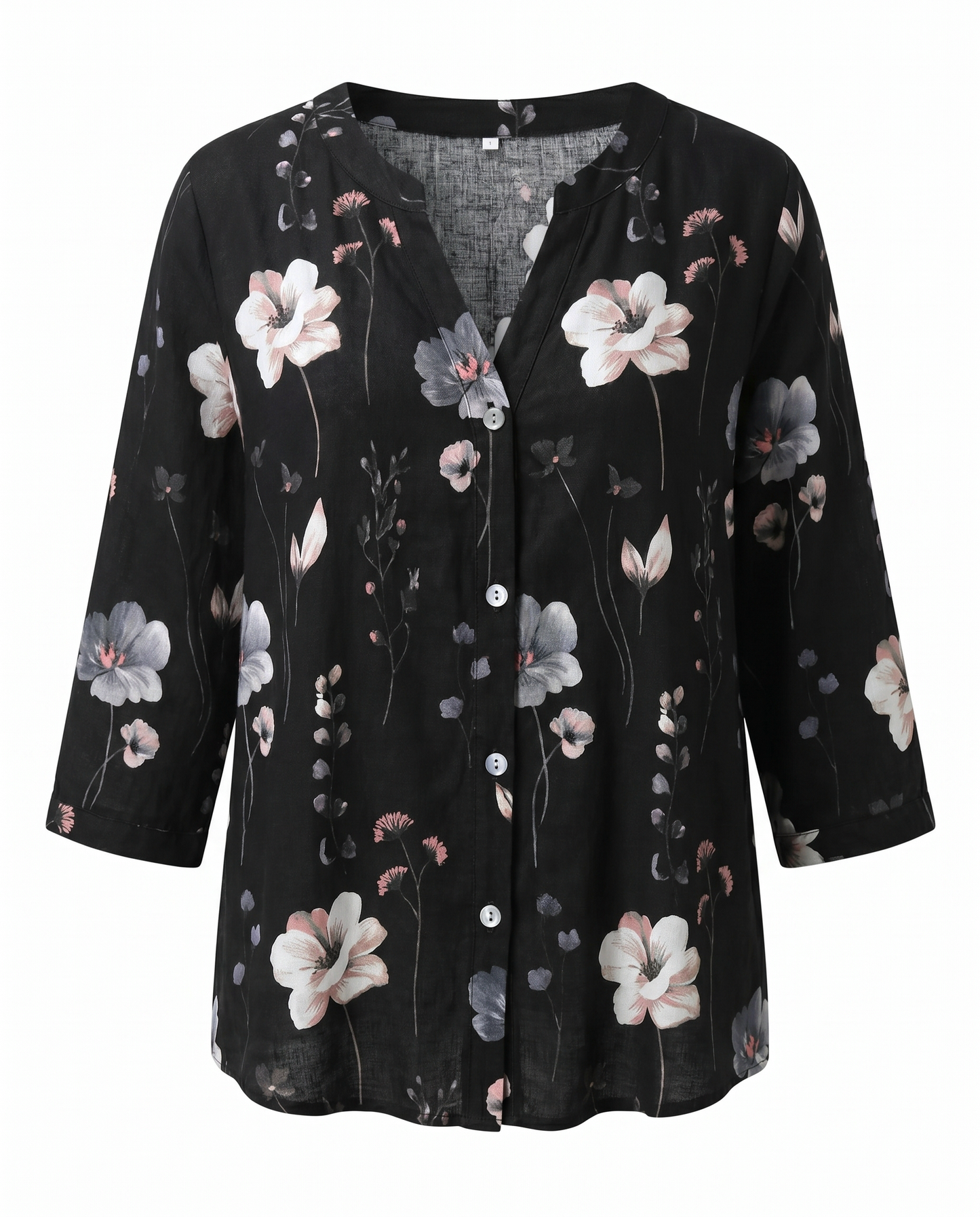 Women's Relaxed Floral V-Neck Three-Quarter Sleeve Top