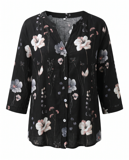 Women's Relaxed Floral V-Neck Three-Quarter Sleeve Top