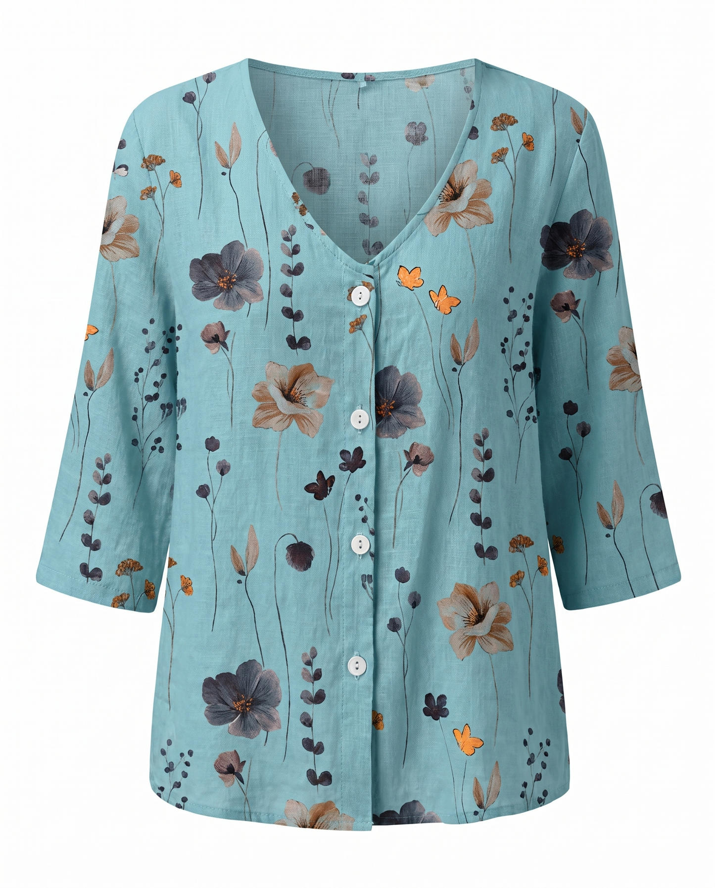 Women's Relaxed Floral V-Neck Three-Quarter Sleeve Top