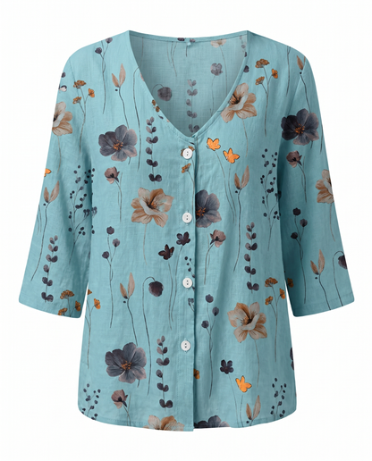 Women's Relaxed Floral V-Neck Three-Quarter Sleeve Top