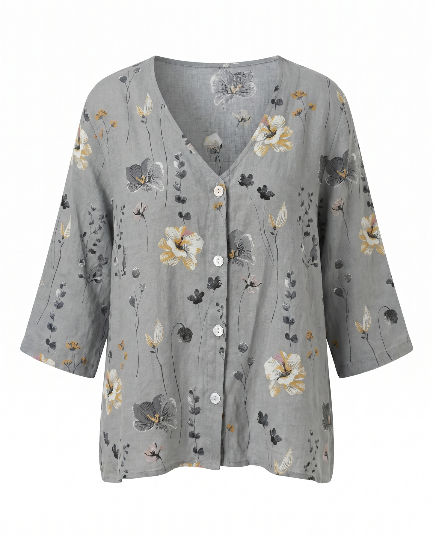 Women's Relaxed Floral V-Neck Three-Quarter Sleeve Top