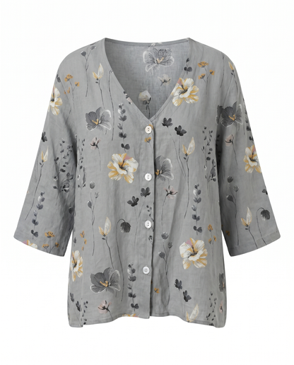 Women's Relaxed Floral V-Neck Three-Quarter Sleeve Top
