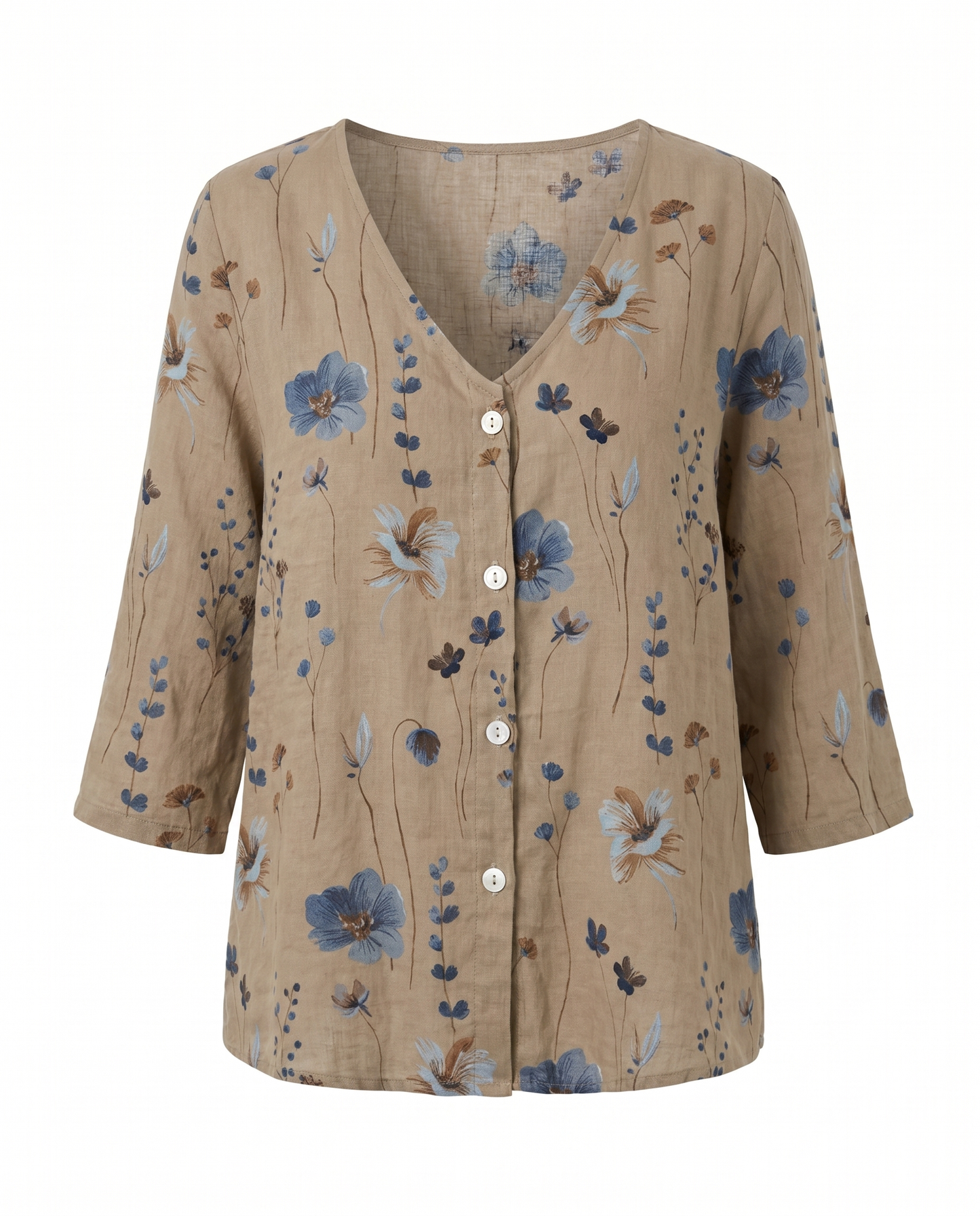 Women's Relaxed Floral V-Neck Three-Quarter Sleeve Top