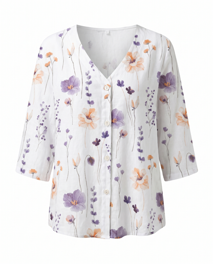 Women's Relaxed Floral V-Neck Three-Quarter Sleeve Top