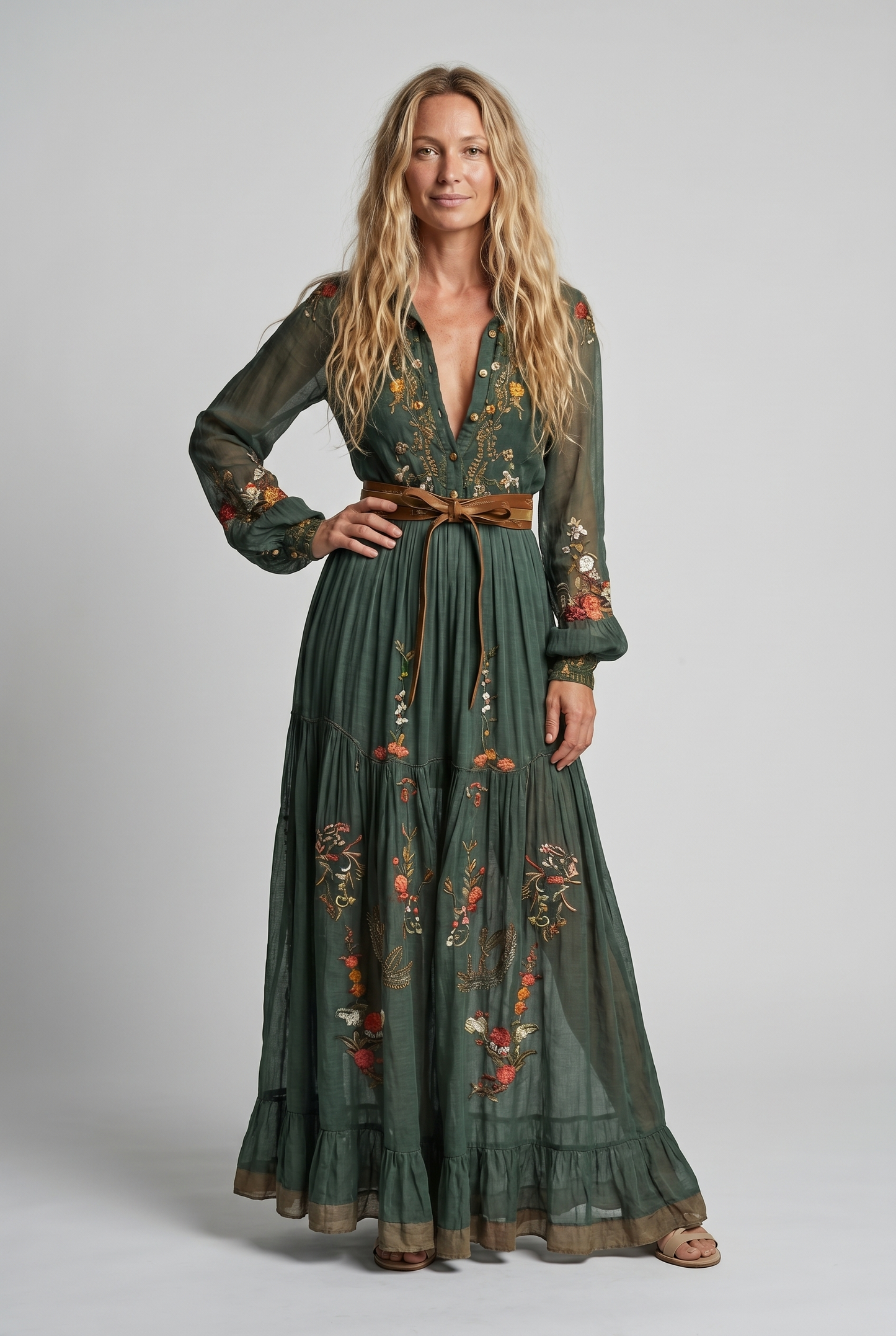 Women's All-Over Embroidered Boho Maxi Dress with Balloon Sleeves