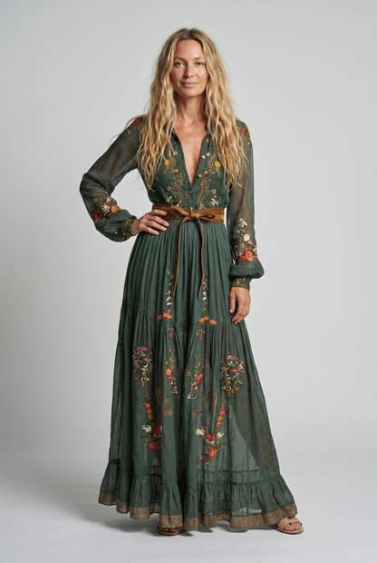 Women's All-Over Embroidered Boho Maxi Dress with Balloon Sleeves