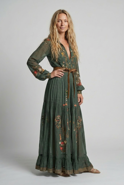 Women's All-Over Embroidered Boho Maxi Dress with Balloon Sleeves
