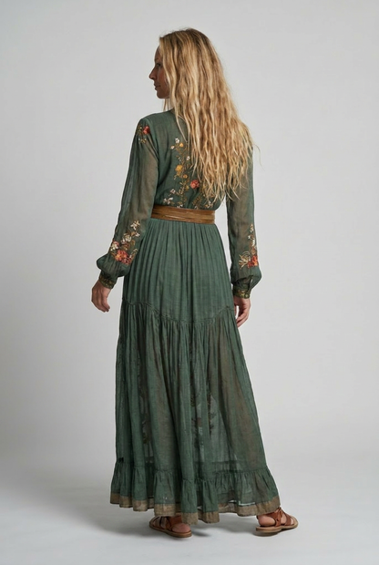 Women's All-Over Embroidered Boho Maxi Dress with Balloon Sleeves