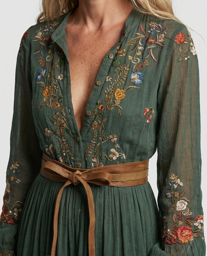 Women's All-Over Embroidered Boho Maxi Dress with Balloon Sleeves