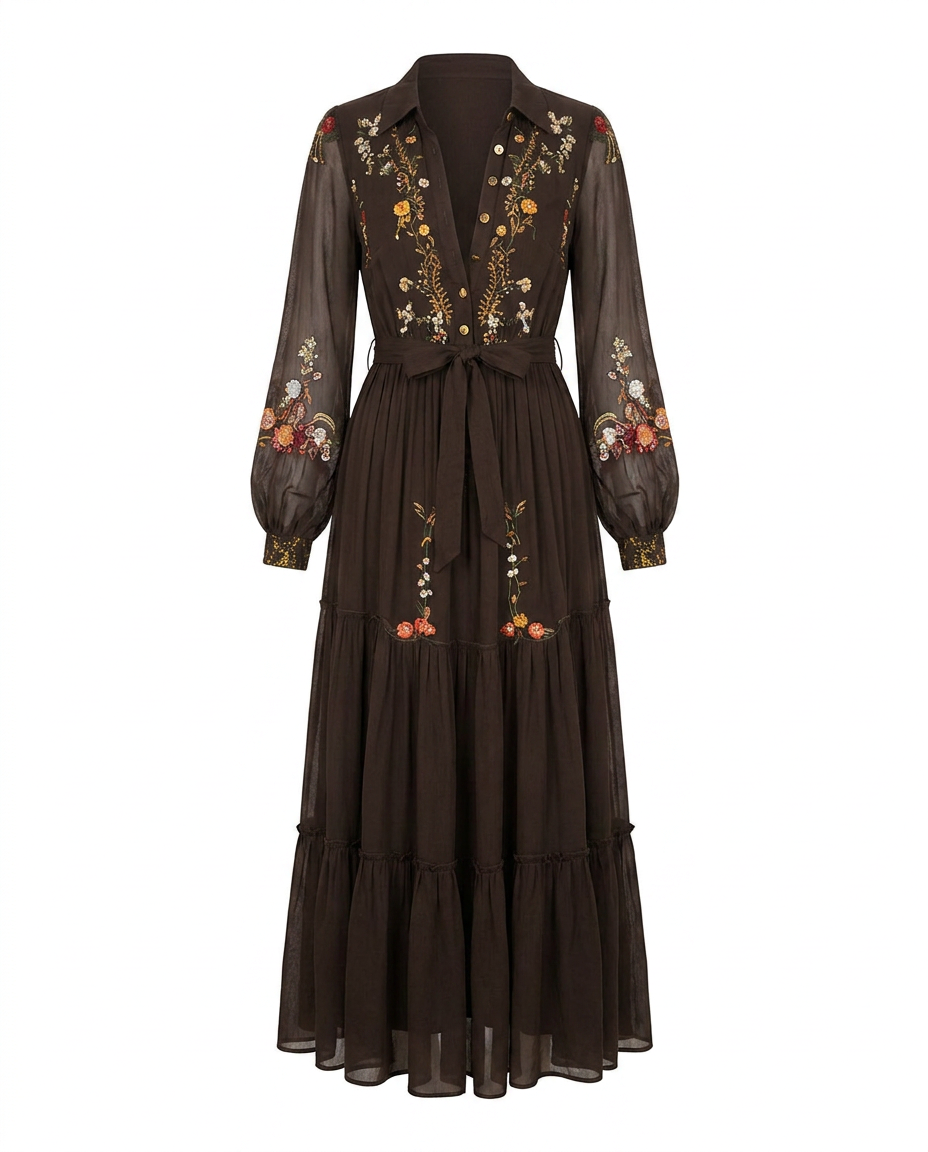Women's All-Over Embroidered Boho Maxi Dress with Balloon Sleeves