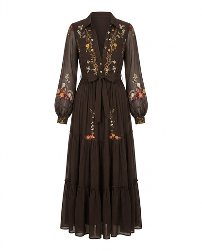 Women's All-Over Embroidered Boho Maxi Dress with Balloon Sleeves