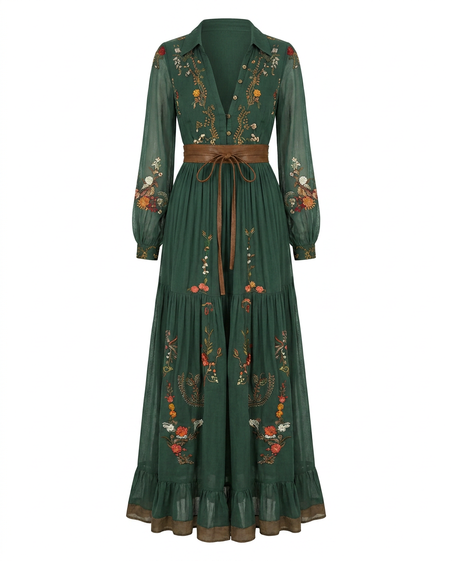 Women's All-Over Embroidered Boho Maxi Dress with Balloon Sleeves