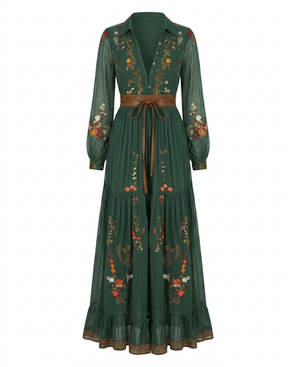 Women's All-Over Embroidered Boho Maxi Dress with Balloon Sleeves