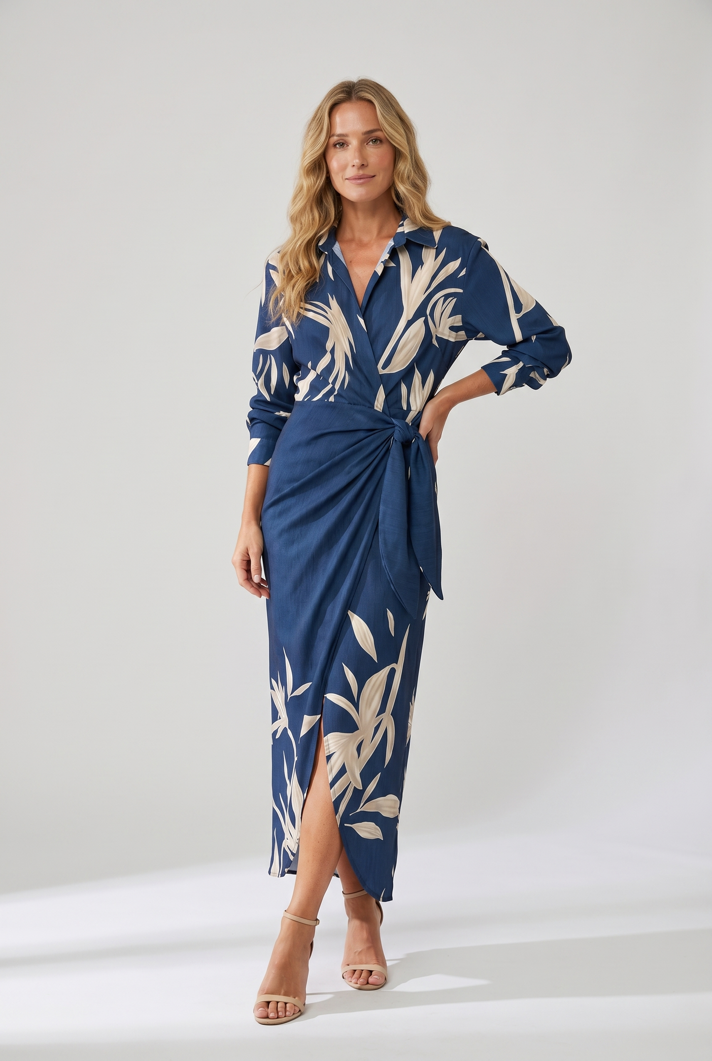 Women's Elegant Leaf Print Wrap Maxi Dress with Side Slit