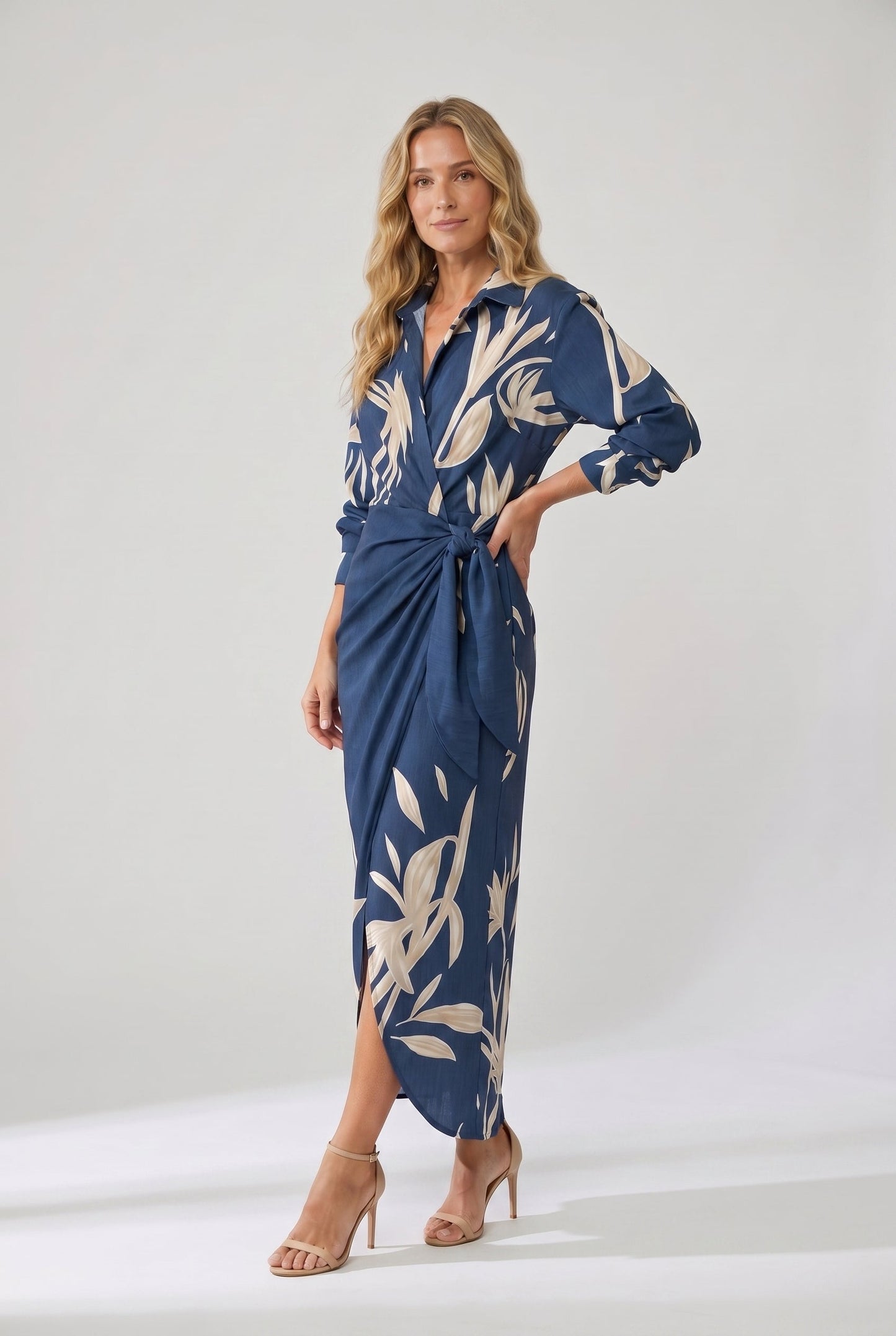 Women's Elegant Leaf Print Wrap Maxi Dress with Side Slit