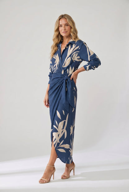 Women's Elegant Leaf Print Wrap Maxi Dress with Side Slit