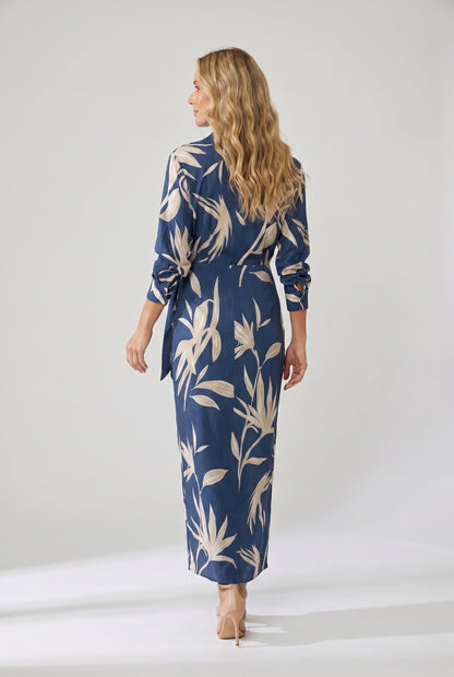 Women's Elegant Leaf Print Wrap Maxi Dress with Side Slit