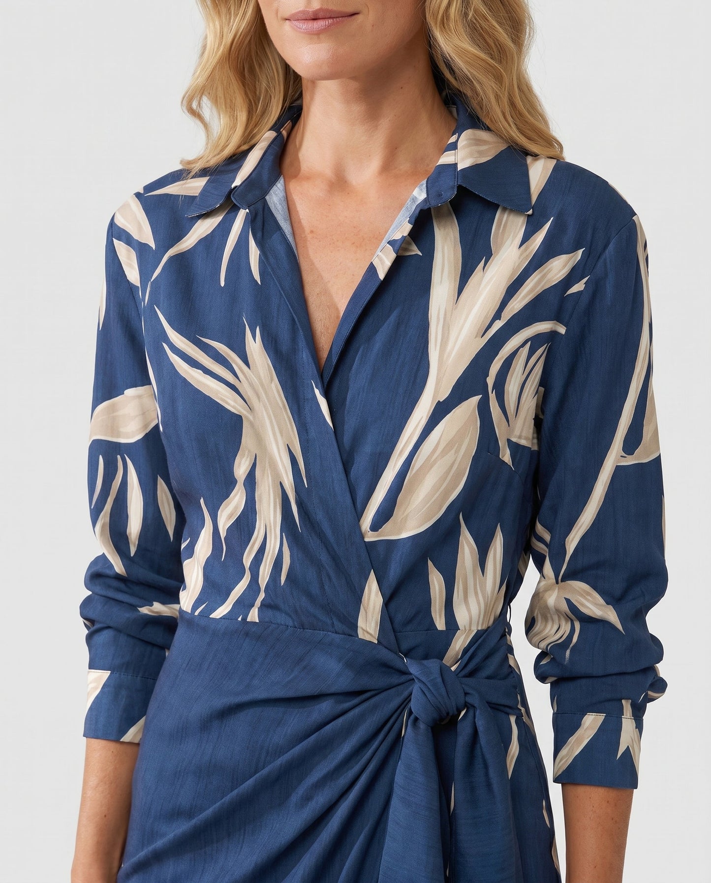 Women's Elegant Leaf Print Wrap Maxi Dress with Side Slit