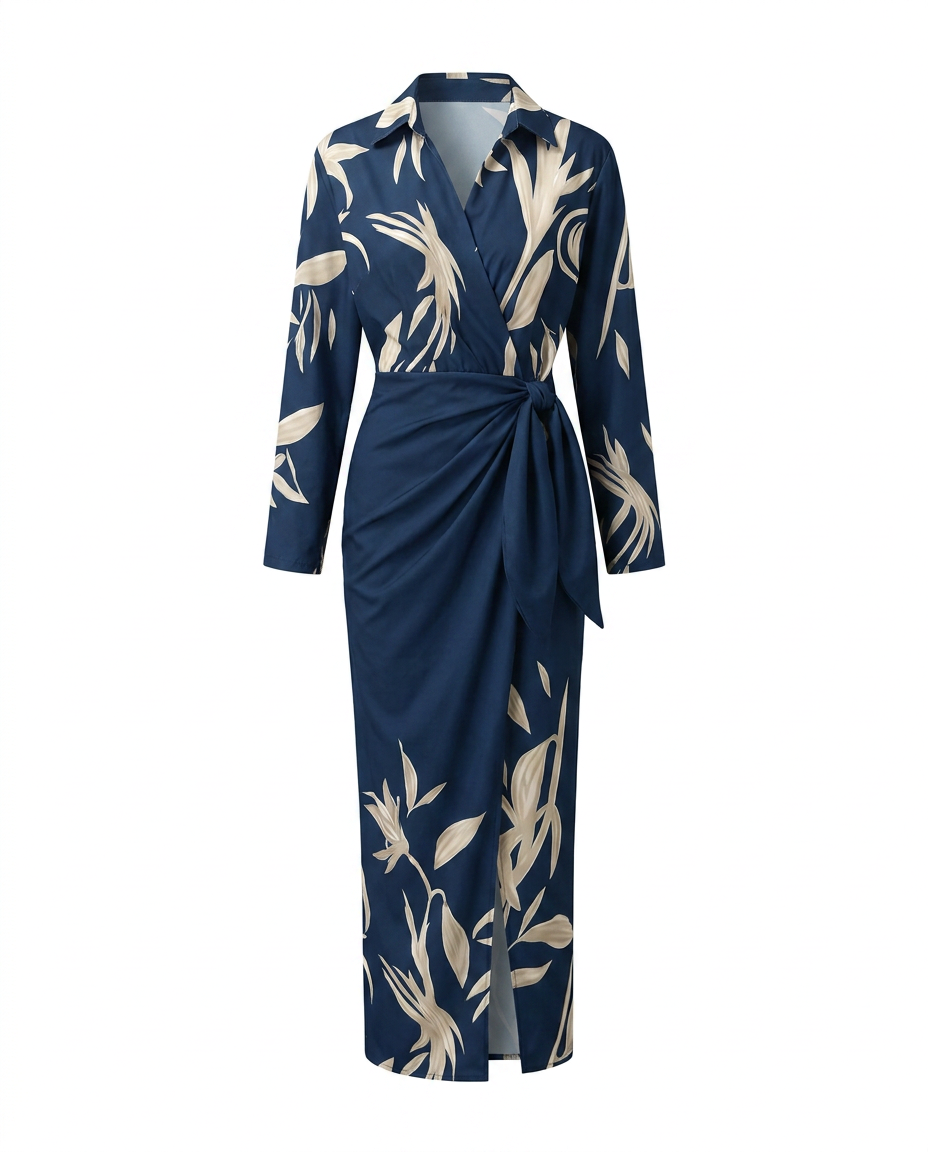 Women's Elegant Leaf Print Wrap Maxi Dress with Side Slit
