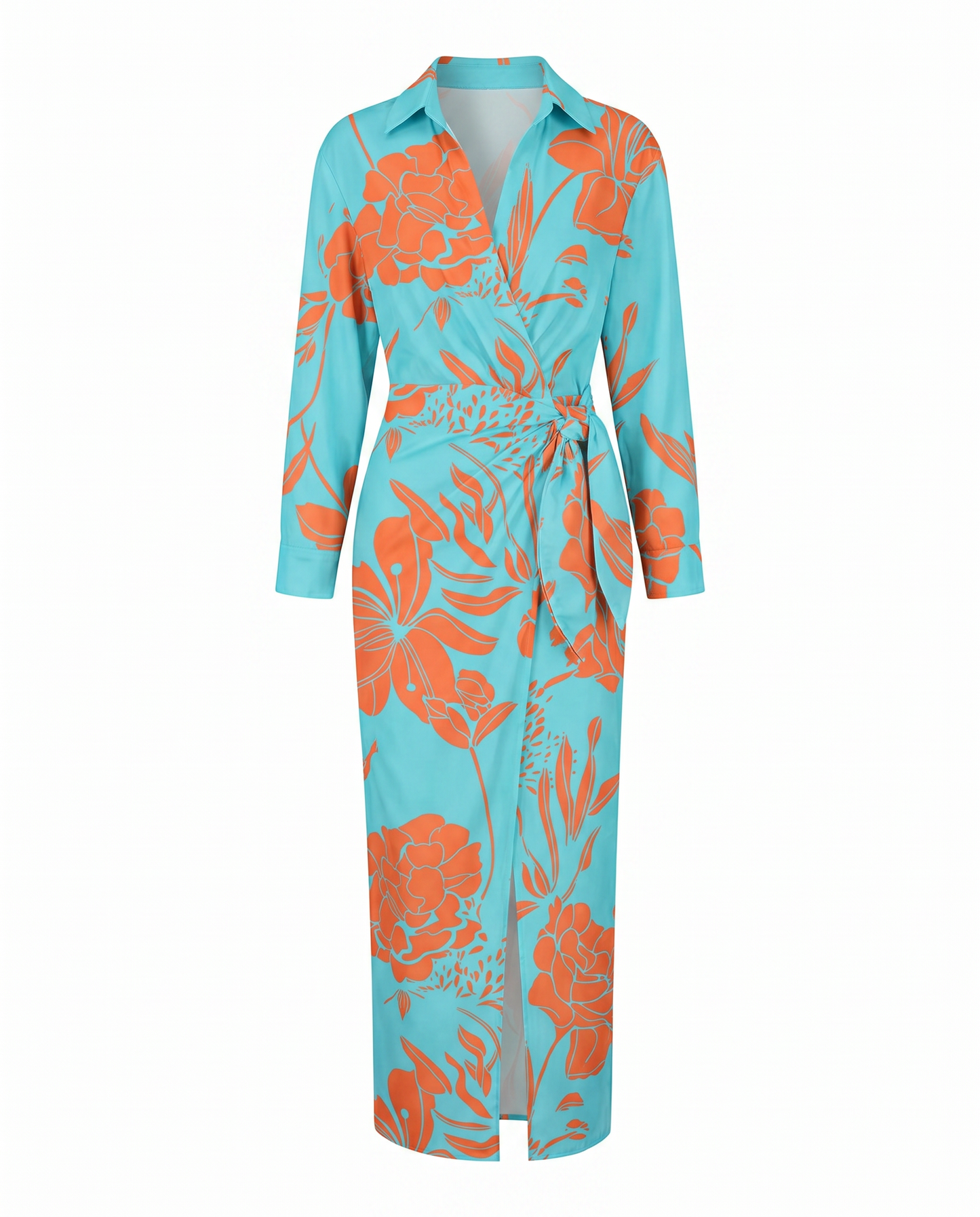 Women's Elegant Leaf Print Wrap Maxi Dress with Side Slit