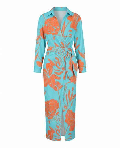 Women's Elegant Leaf Print Wrap Maxi Dress with Side Slit