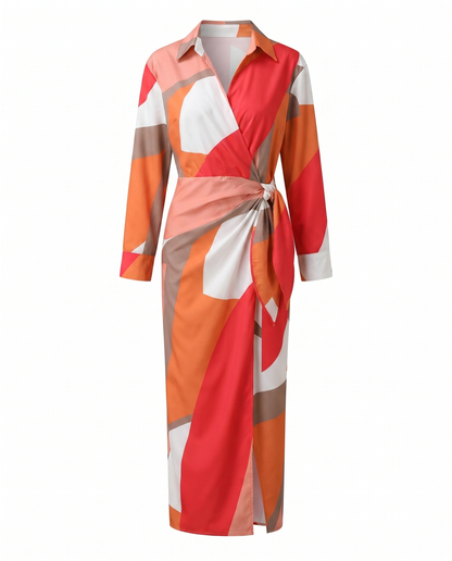 Women's Elegant Leaf Print Wrap Maxi Dress with Side Slit