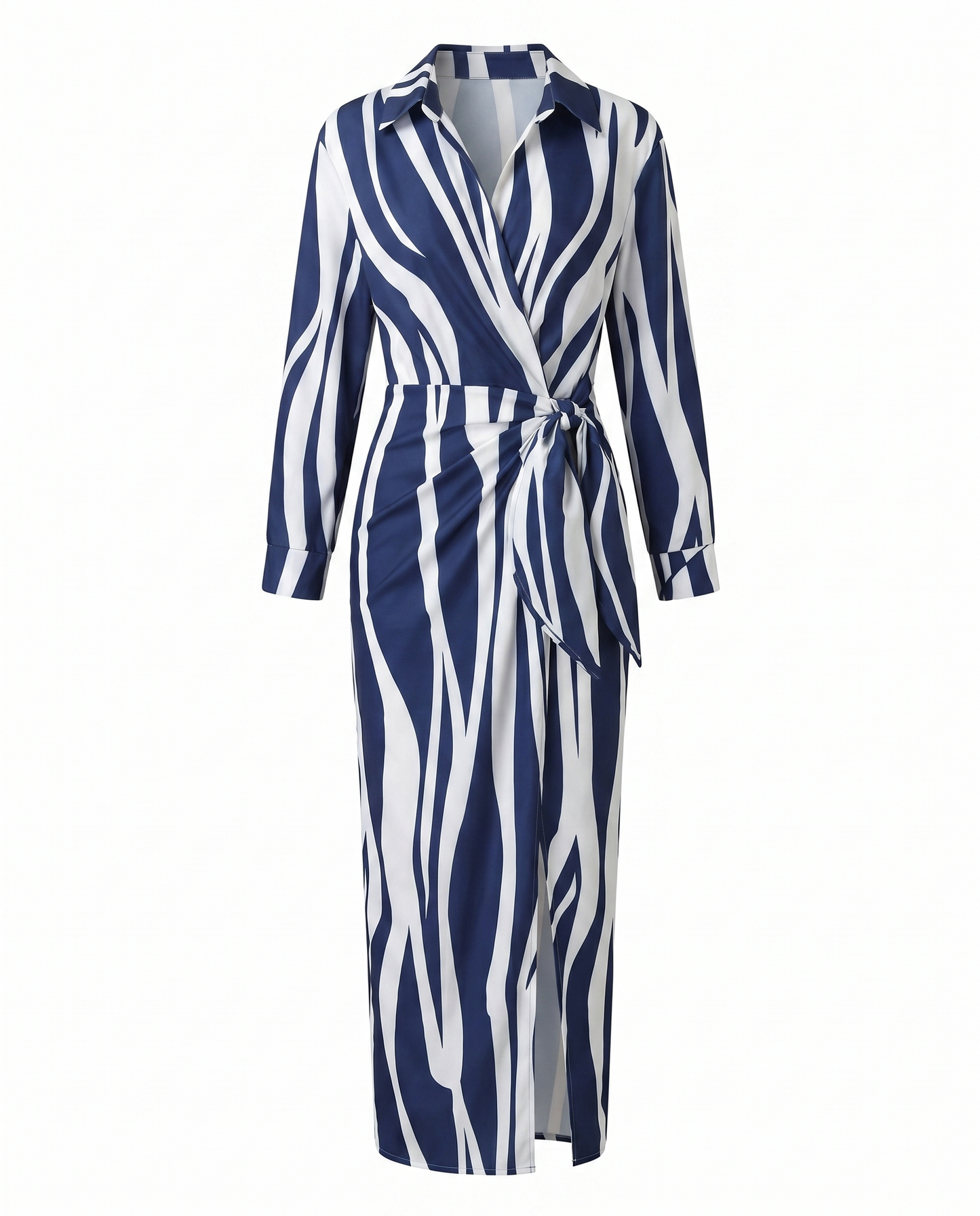 Women's Elegant Leaf Print Wrap Maxi Dress with Side Slit