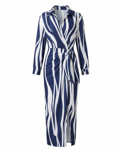 Women's Elegant Leaf Print Wrap Maxi Dress with Side Slit