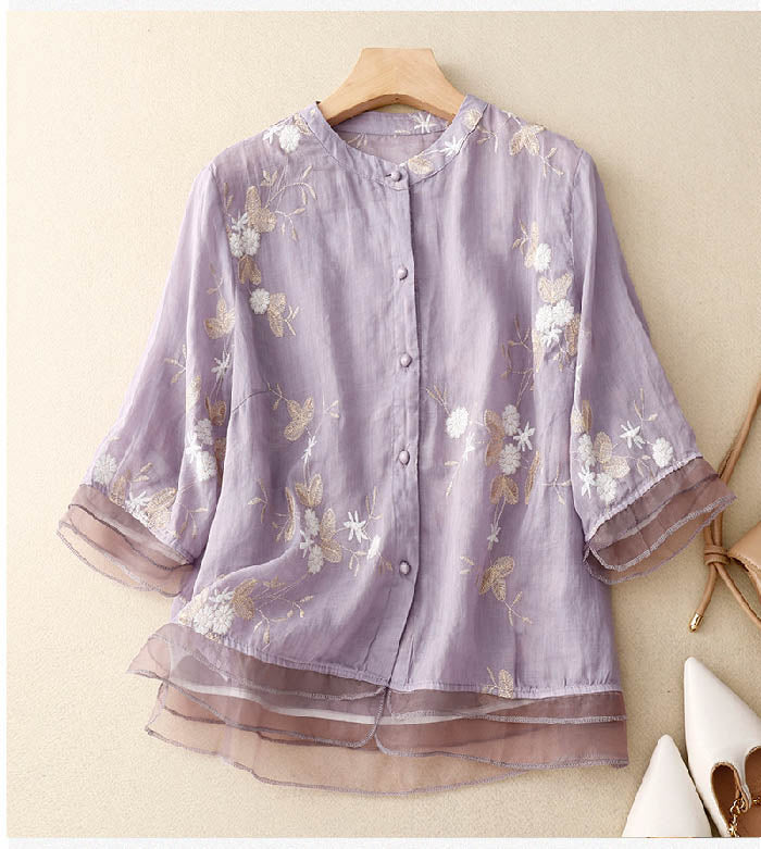 Floral Embroidered Sheer Layer Blouse for Women