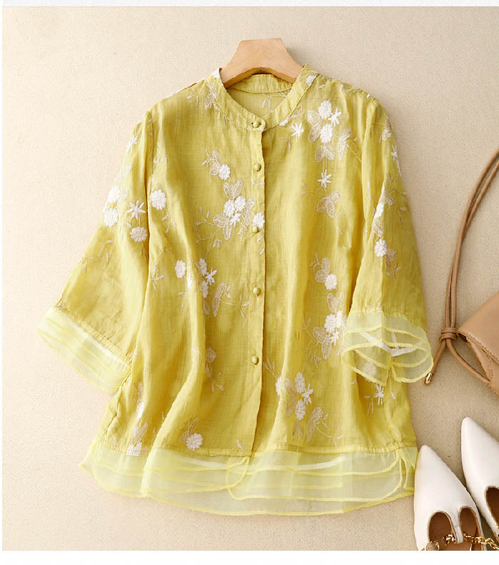 Floral Embroidered Sheer Layer Blouse for Women
