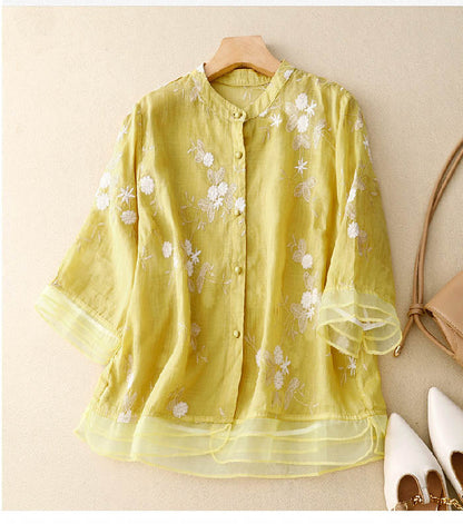 Floral Embroidered Sheer Layer Blouse for Women