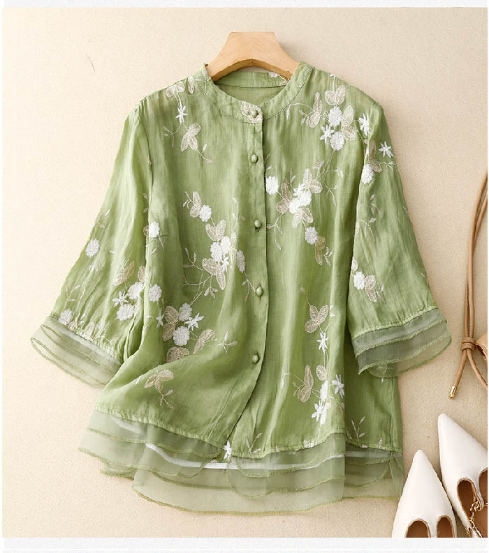 Floral Embroidered Sheer Layer Blouse for Women